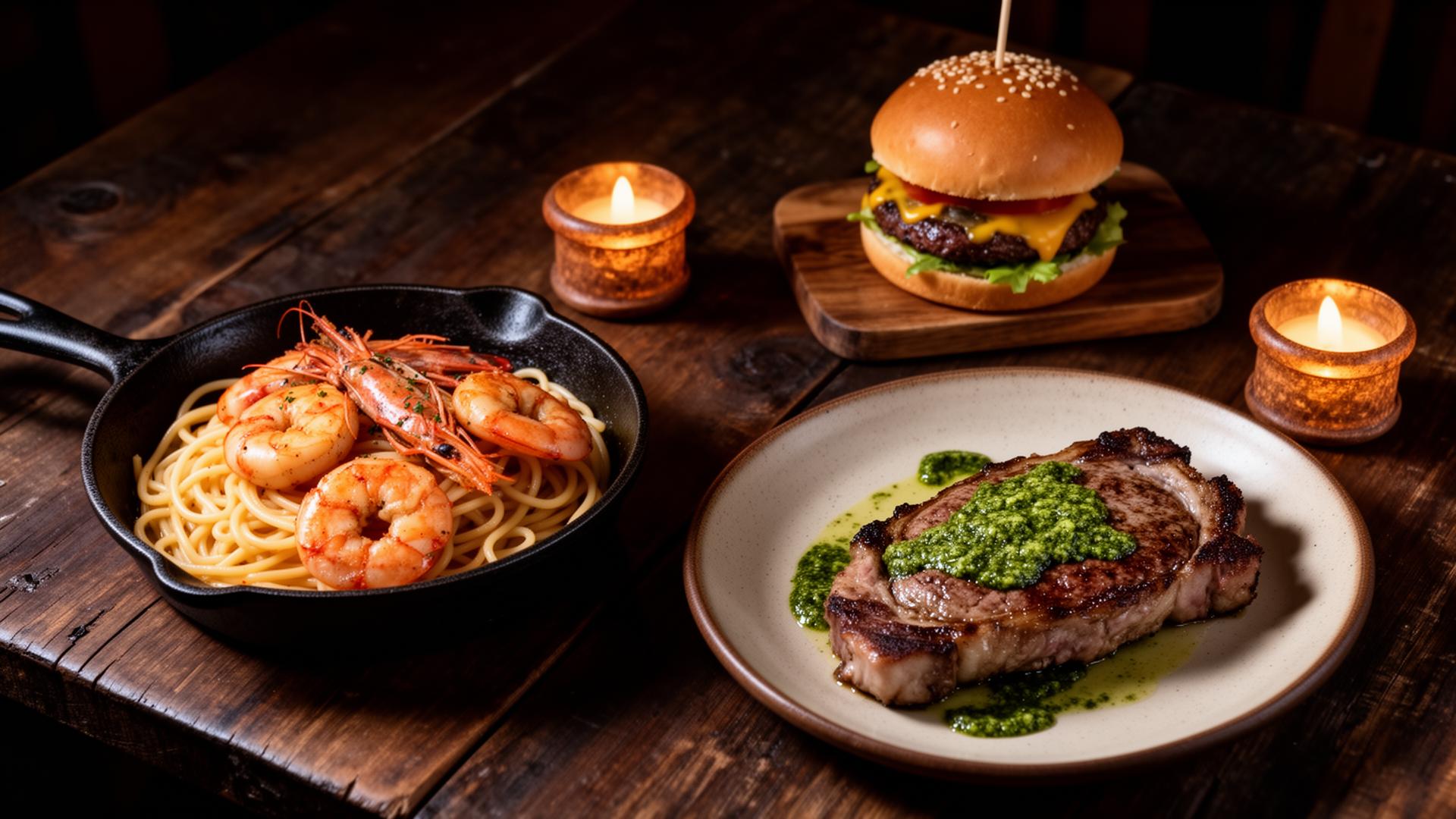 A spread of scampi pasta, cheeseburger and herbed pork chop on a rustic wood table