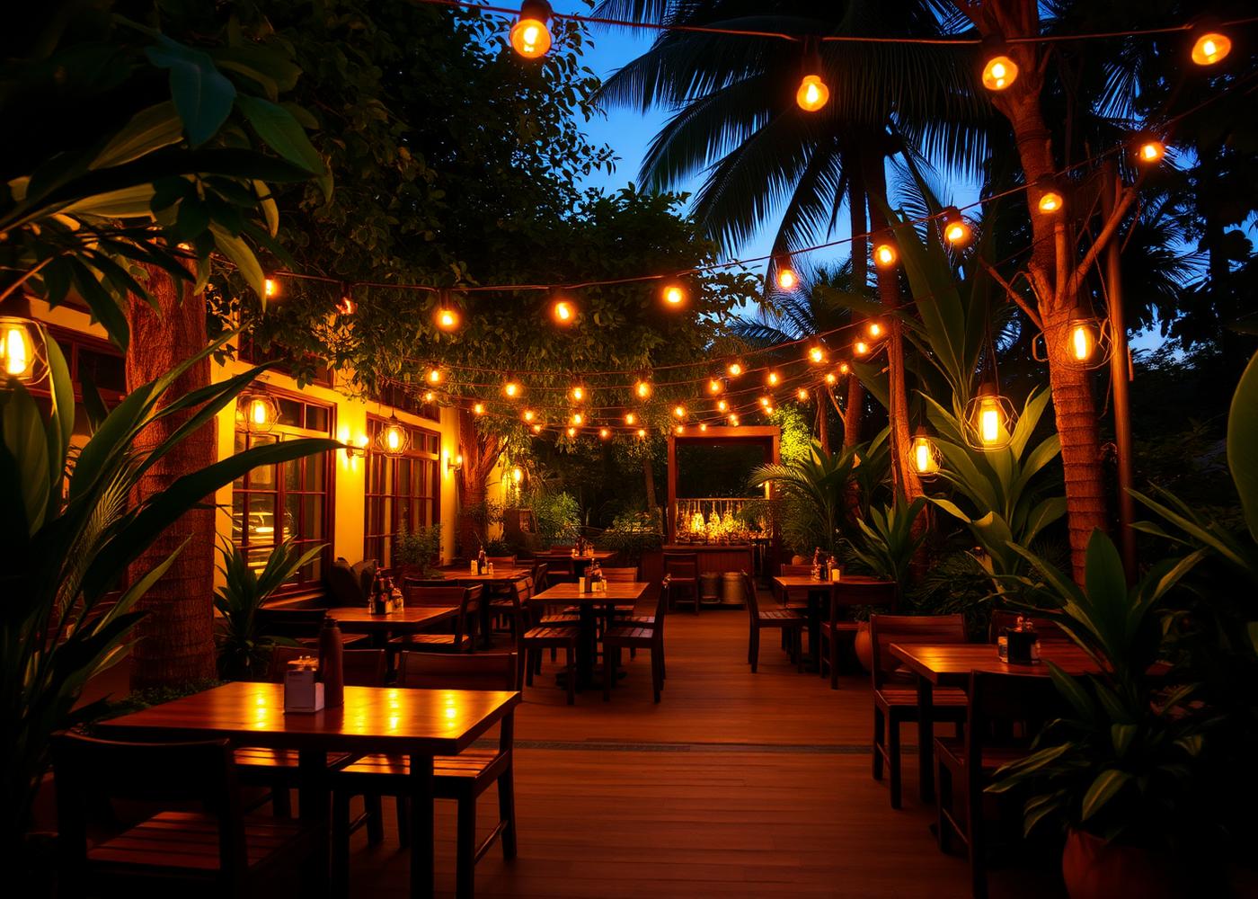 Outdoor patio strung with warm lights at dusk