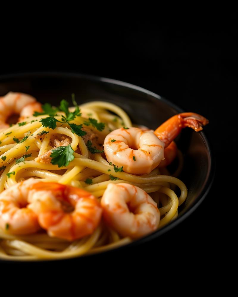 Scampi pasta with garlic butter prawns